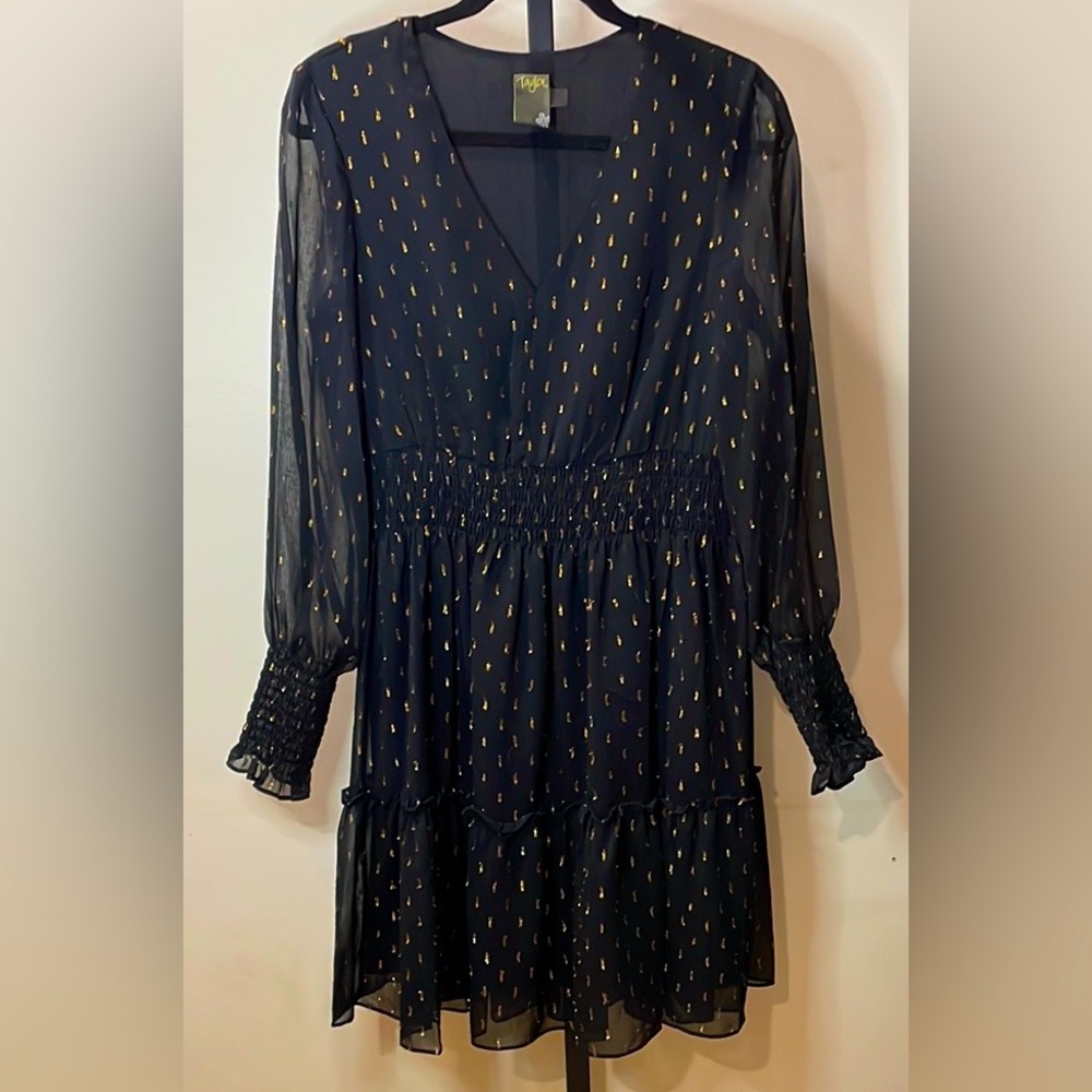 Taylor Black Long Sleeve V-Neck Dress